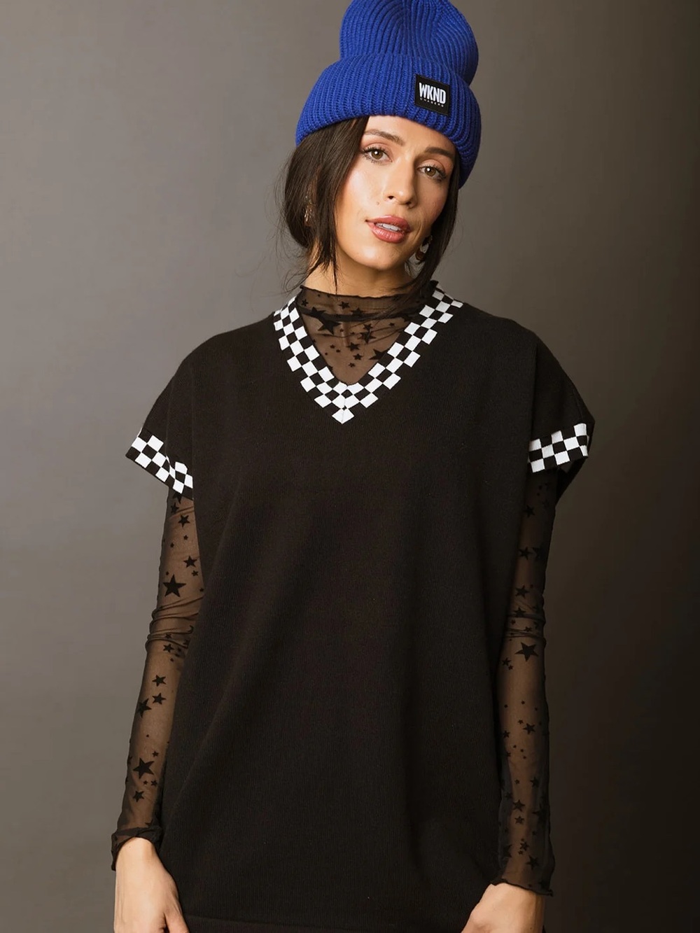 Wknd Chasers Black Checkered Print Oversized Knit Sweater Alt Grunge Goth XL L